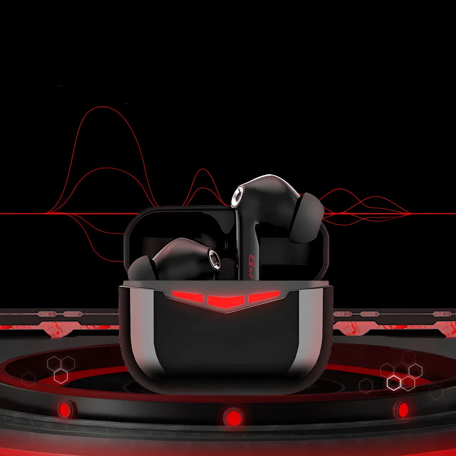 True wireless Bluetooth gaming headset in black, pink, white, or grey with charging case and three ear tip sizes.