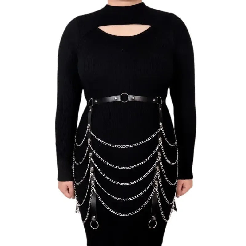 Black PU leather waist chain with bandage binding chain design for women's alternative fashion