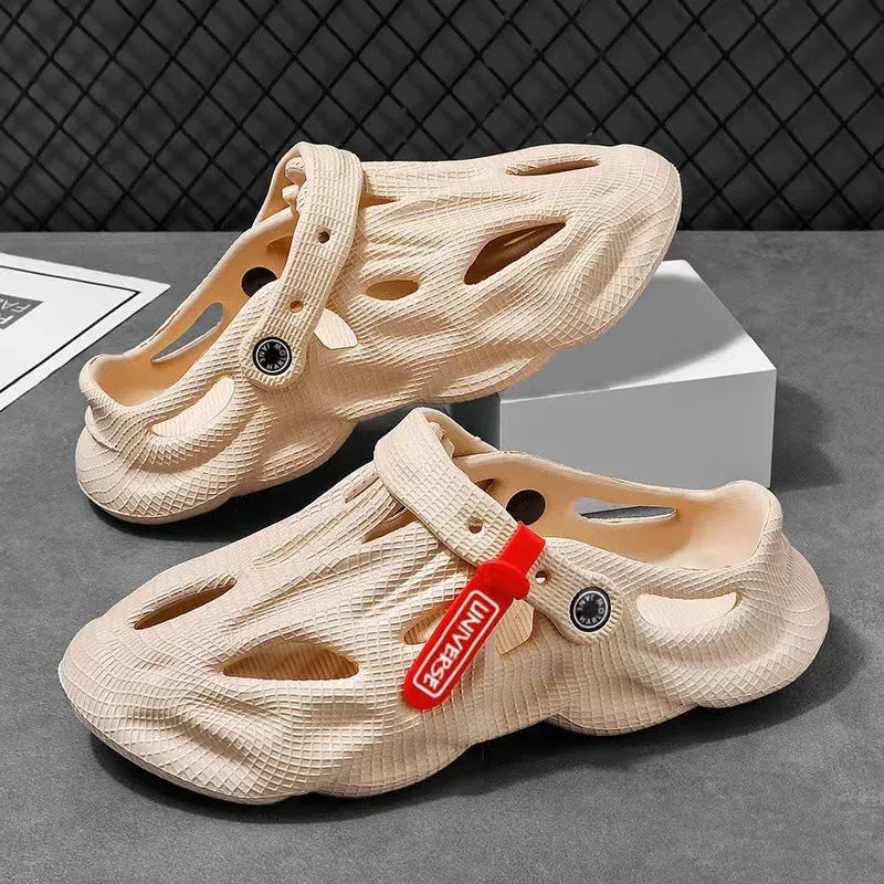 Men's grey EVA coconut slippers with closed toe and perforated holes for beach use