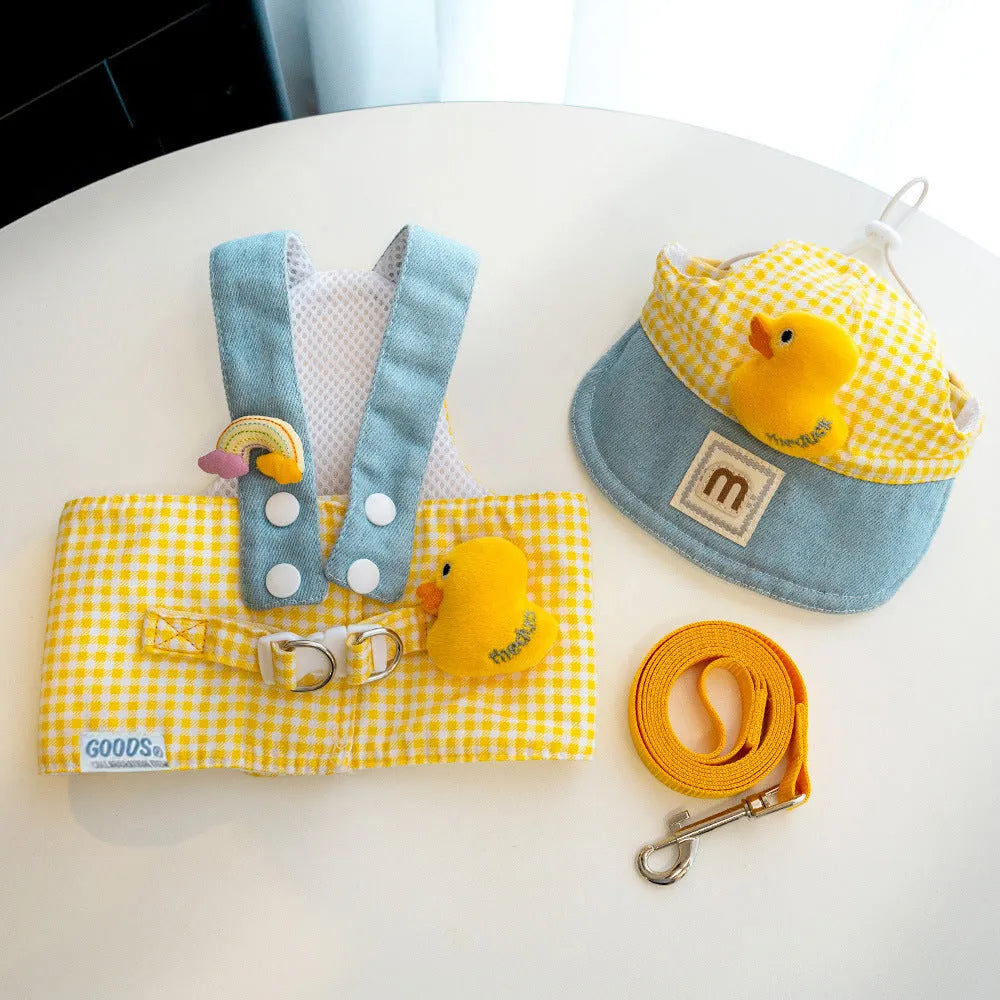 Pet harness and leash set with cute hat accessory and wire rope pulling toy for cats and dogs