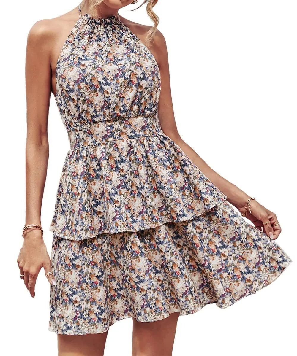 Women's backless halter dress with ruffled A-line silhouette in printed design