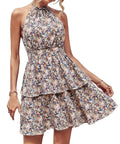 Women's backless halter dress with ruffled A-line silhouette in printed design