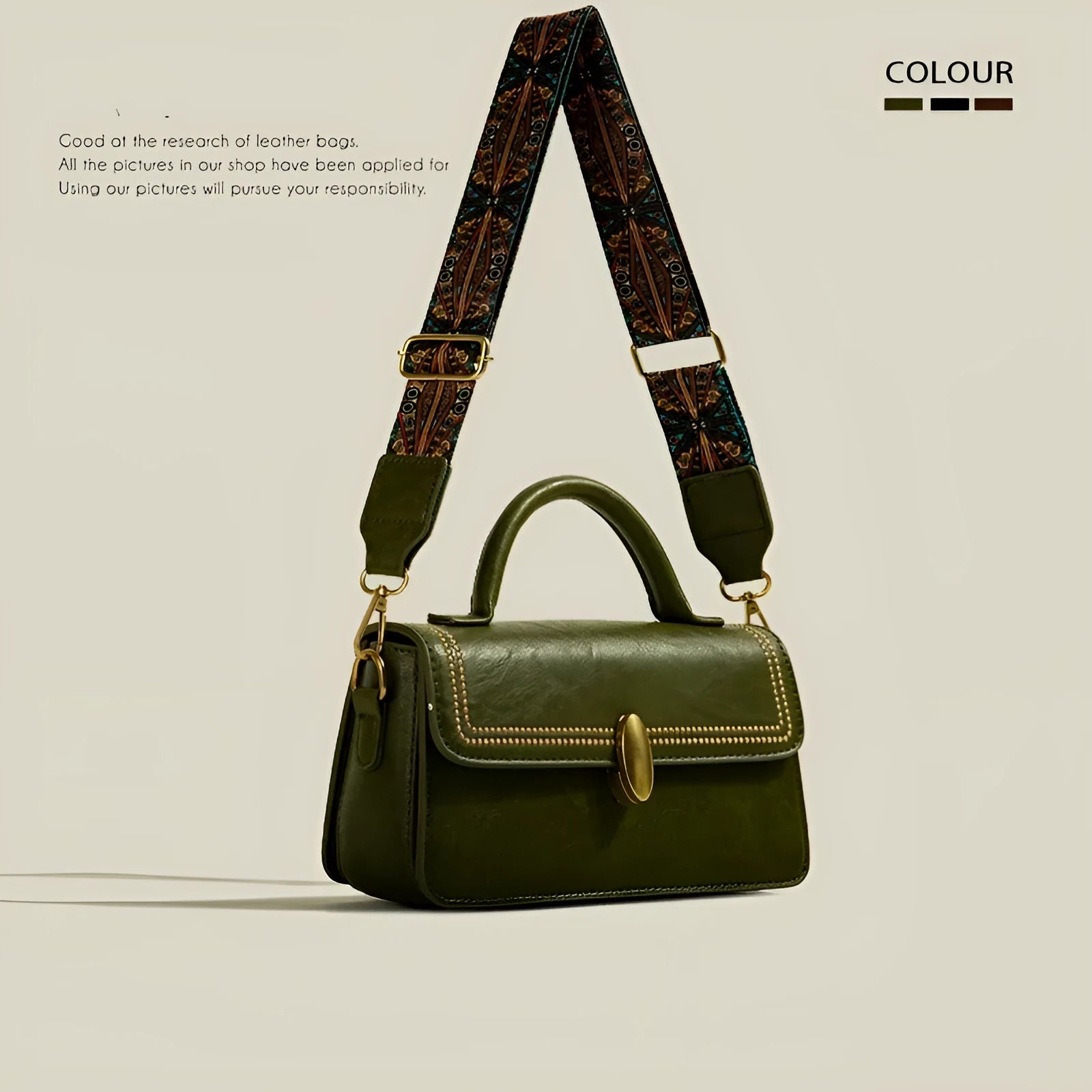 Brown retro messenger bag with square vertical shape showing contrast stitching and shoulder strap