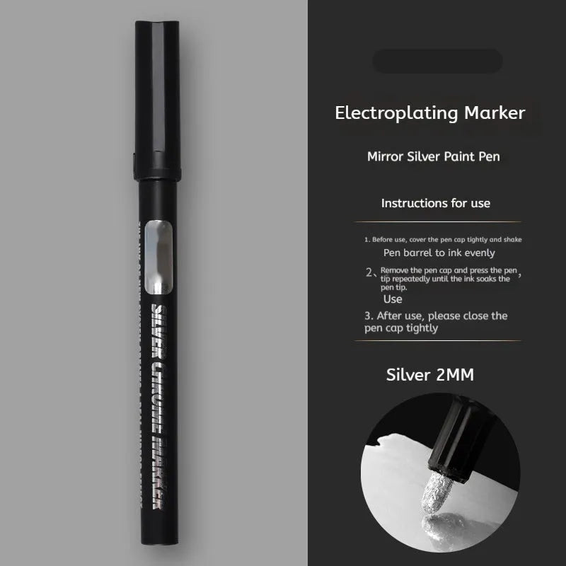 A plastic-bodied waterproof marker pen for writing on glass and mirrors, shown with a choice of 1mm or 2mm nib tip.