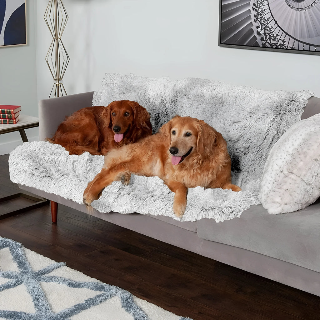 Plush waterproof dog cushion in dark grey, showing double-layer thickening construction.