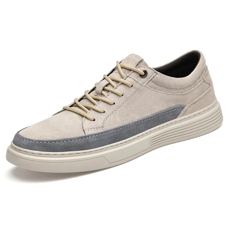 Men's grey casual leather skate shoes with round toe design and rubber sole