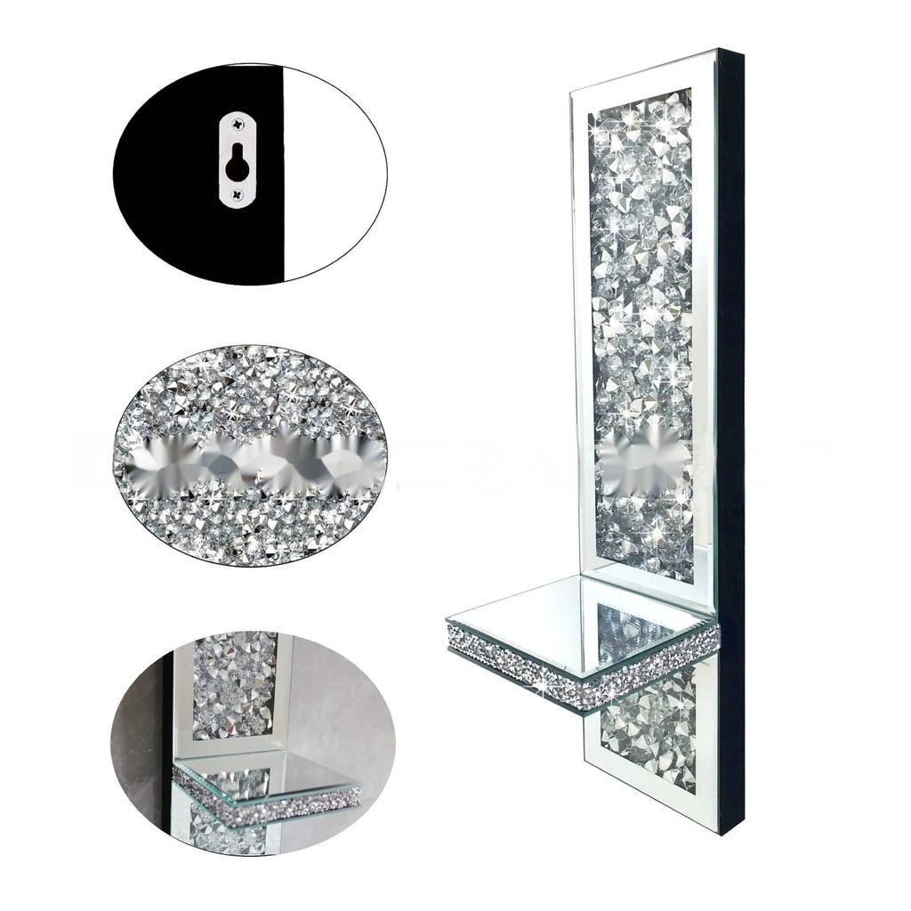Pair of silver mirror finish glass candle holders with crystal candlestick design for wall hanging
