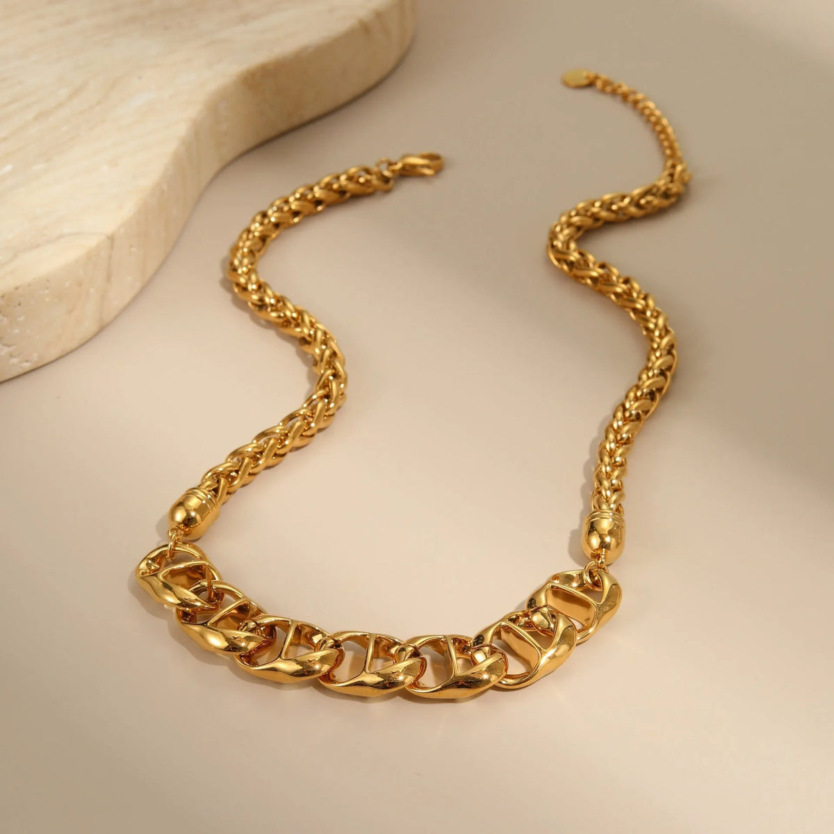 Gold plated stainless steel women's necklace with geometric pendant on regular chain