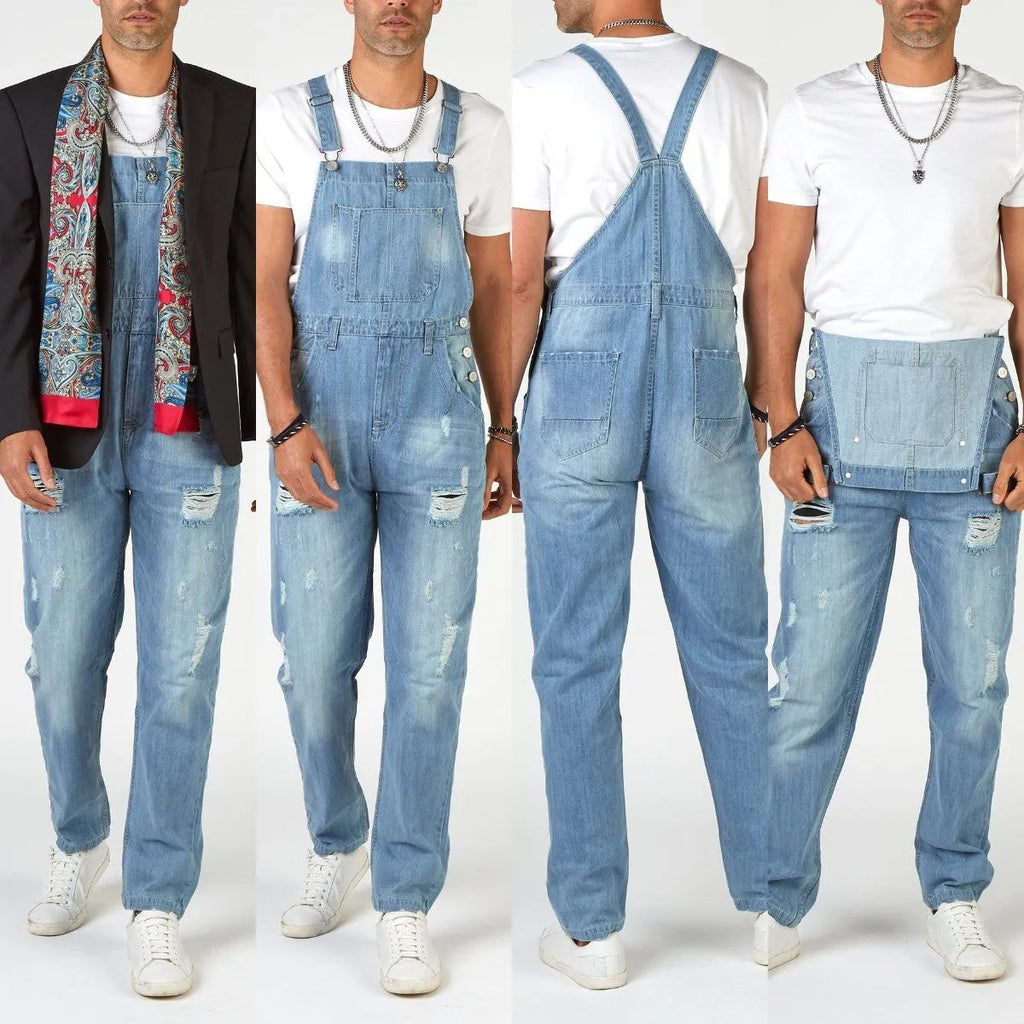 Men's light blue jeans with suspenders, ripped detailing, straight legs, and button fly