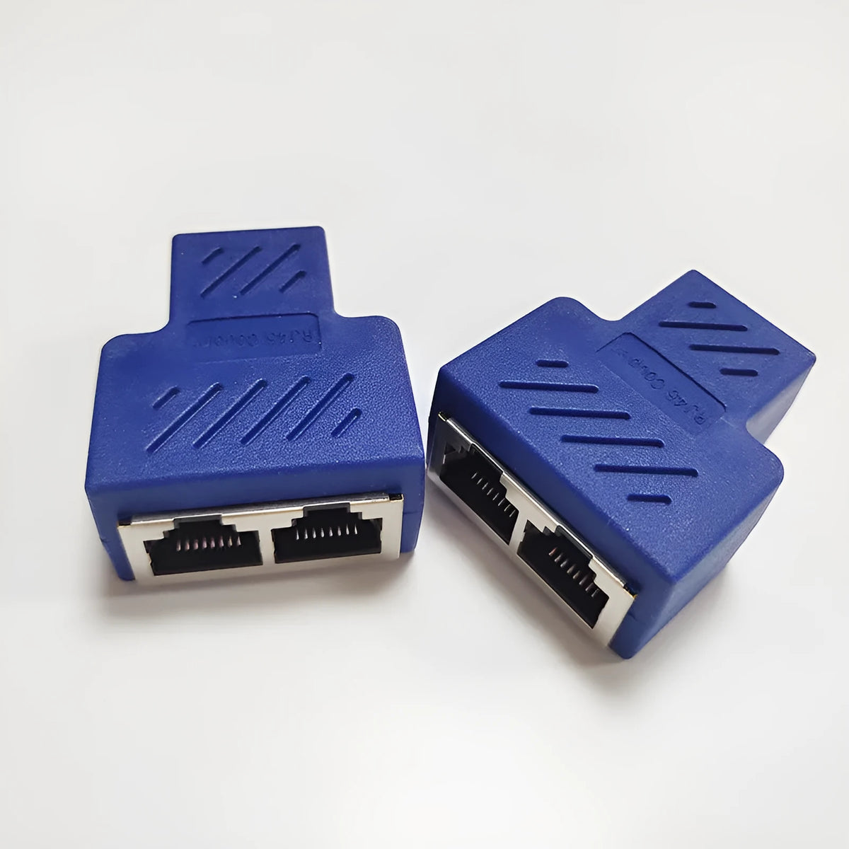 RJ45 network cable splitter in multiple colours showing tee adapter design with three ports