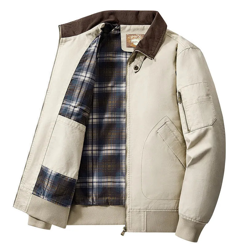 Men's plus size washed cotton baseball jacket in beige colour with full zip front.