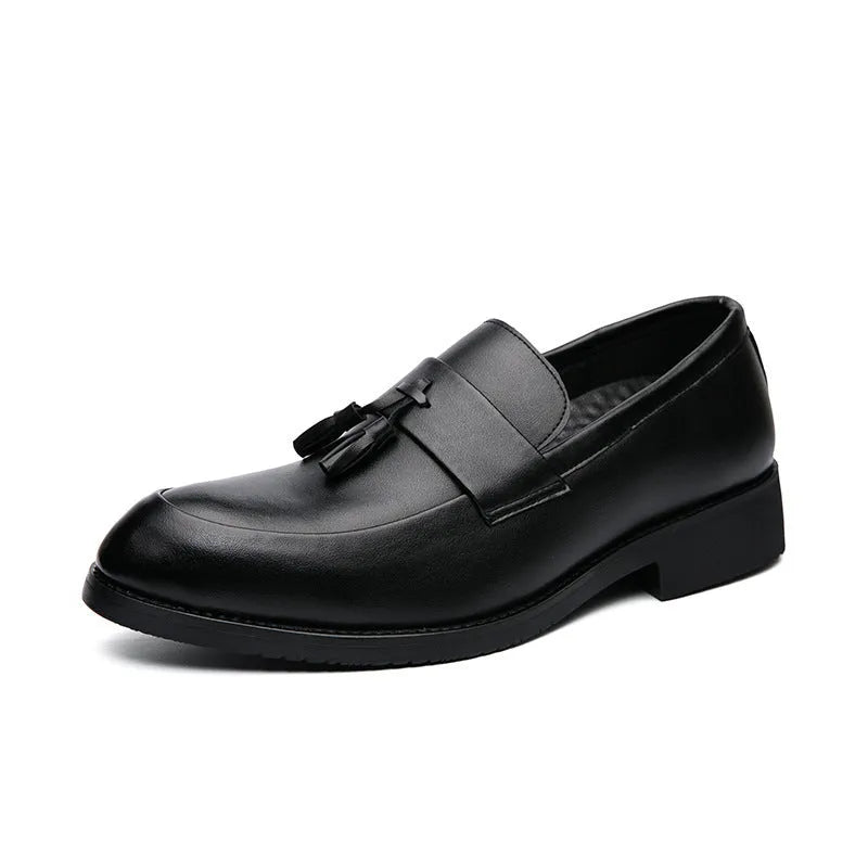 Men's black slip-on business casual shoes with tassel detail and rubber sole