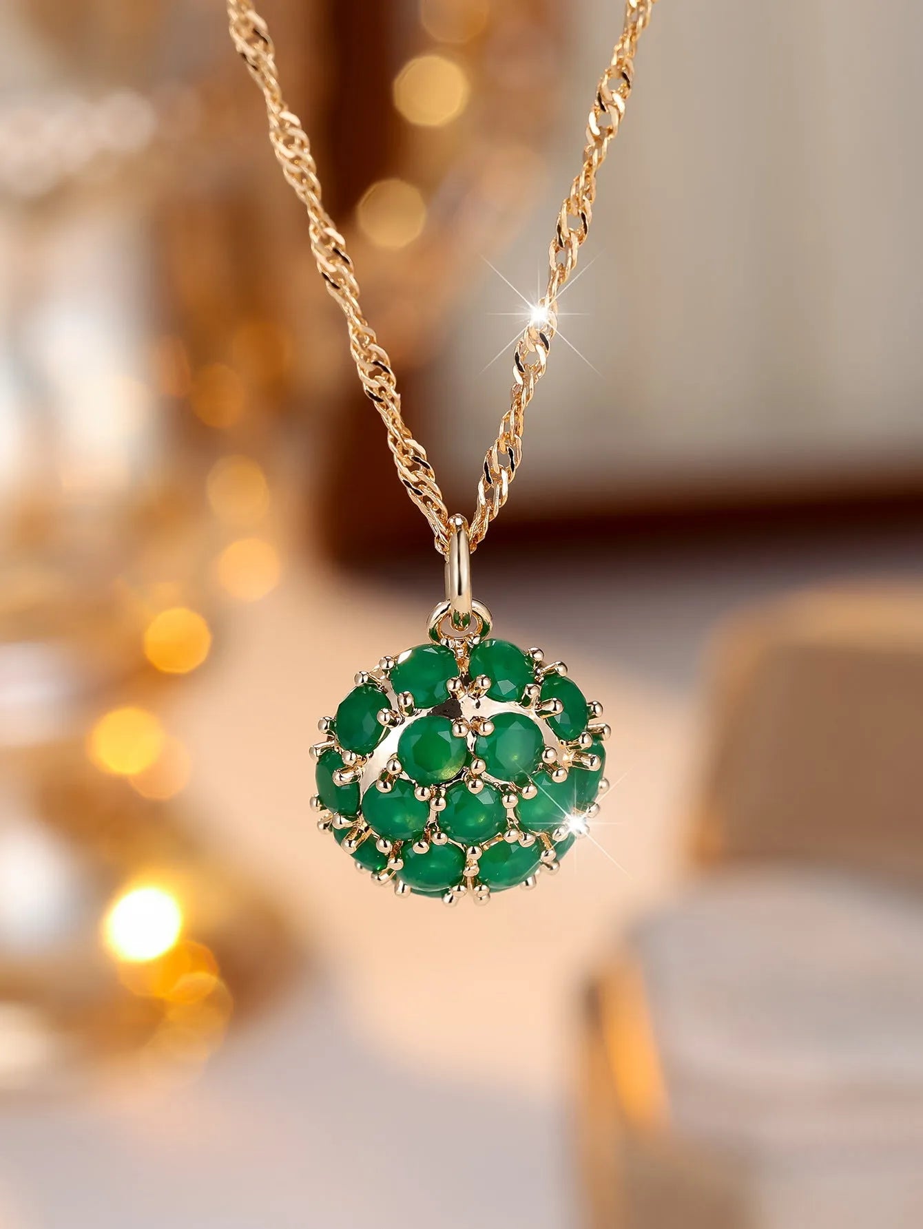 Round emerald pendant full diamond necklace champagne gold colour 51-60cm adjustable chain