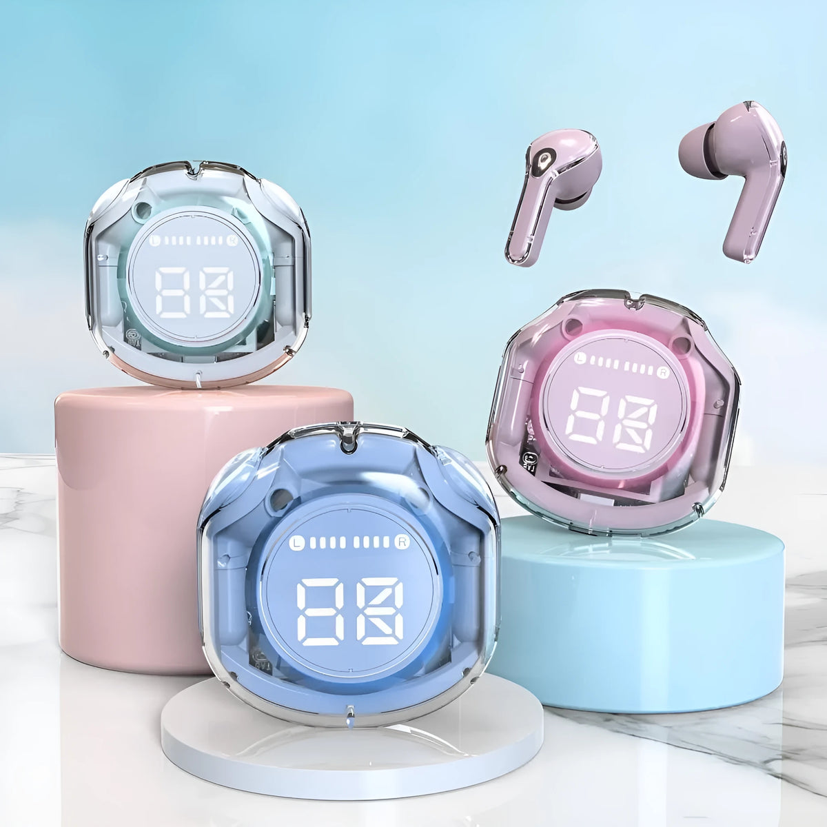 Transparent Bluetooth wireless earphones in five colour options with breathing light feature