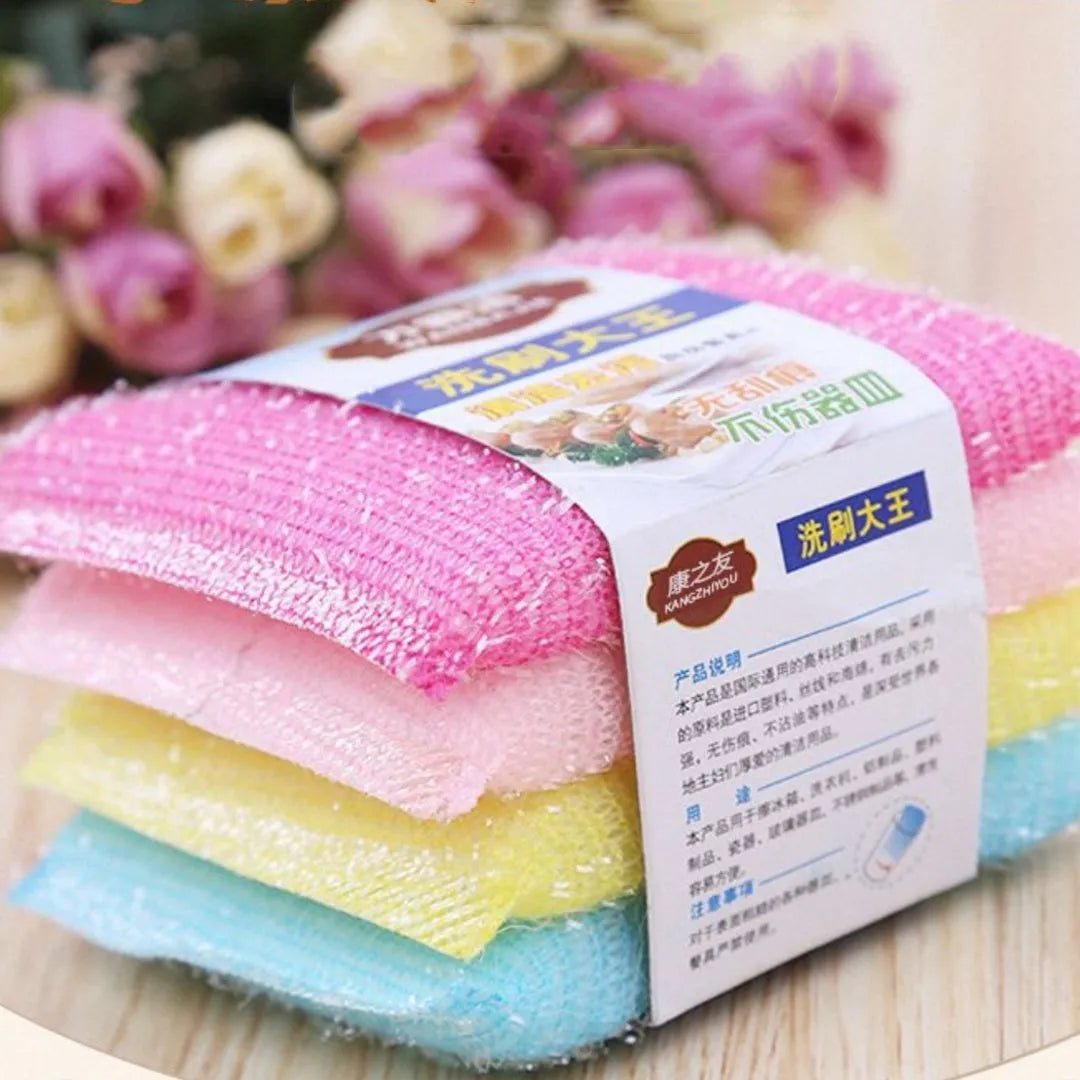 Pinstripe fabric dish sponge mop in macaron colours with plastic handle showing dimensions