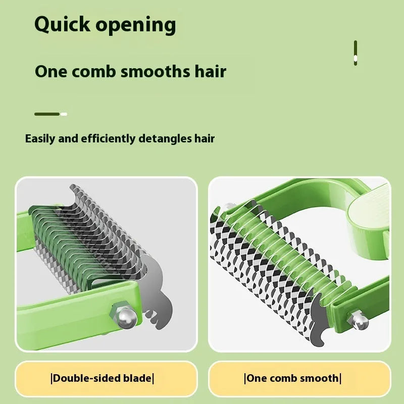 Green and grey pet hair unknotting comb for dogs in large and small sizes.