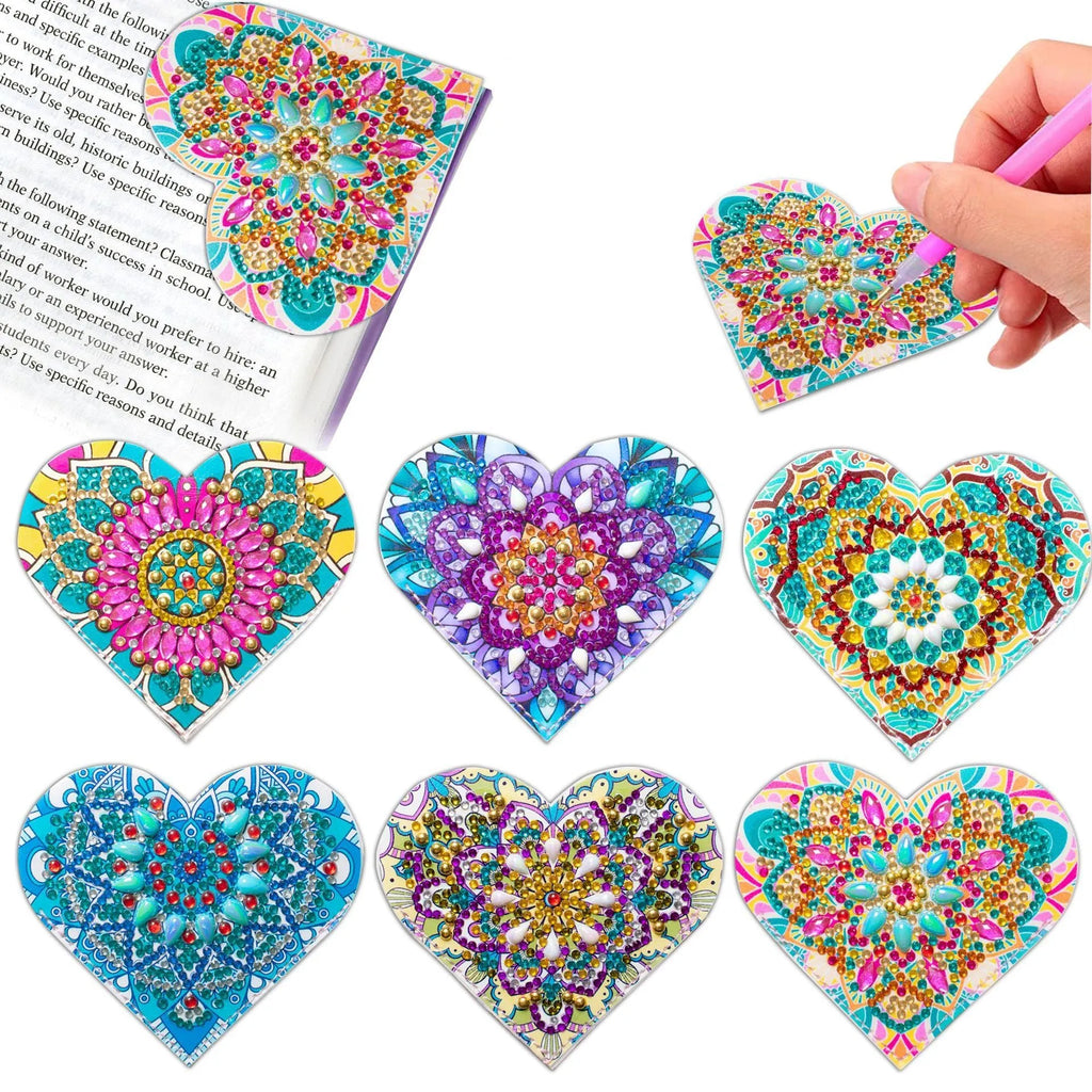 Six identical PU leather bookmarks with crystal flower decorations at corners
