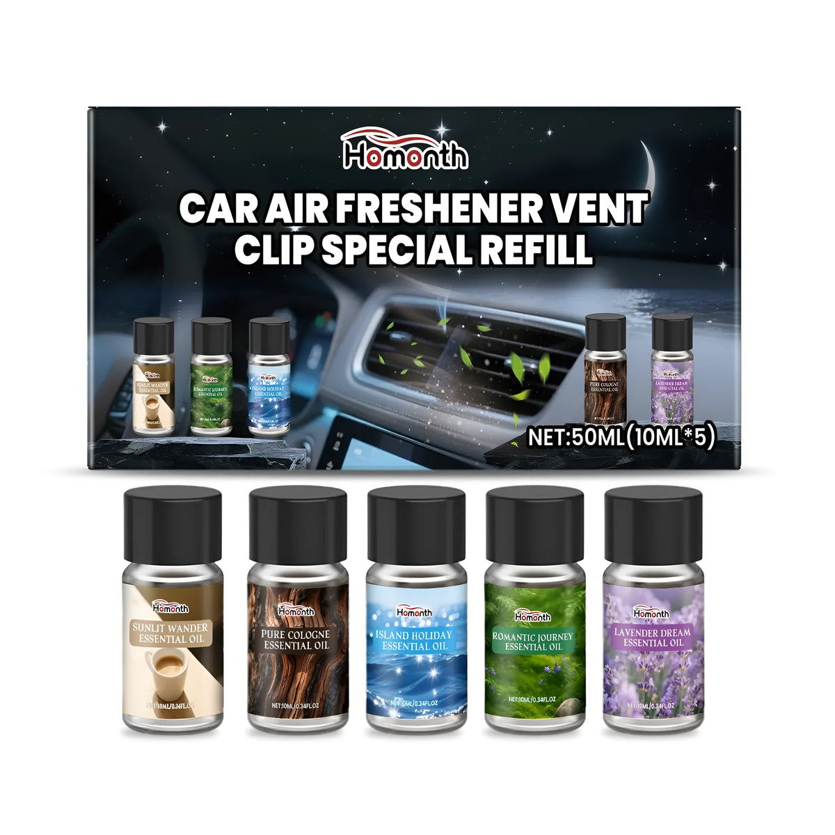 Car air freshener vent clip refill set with five 10ml bottles of different scents