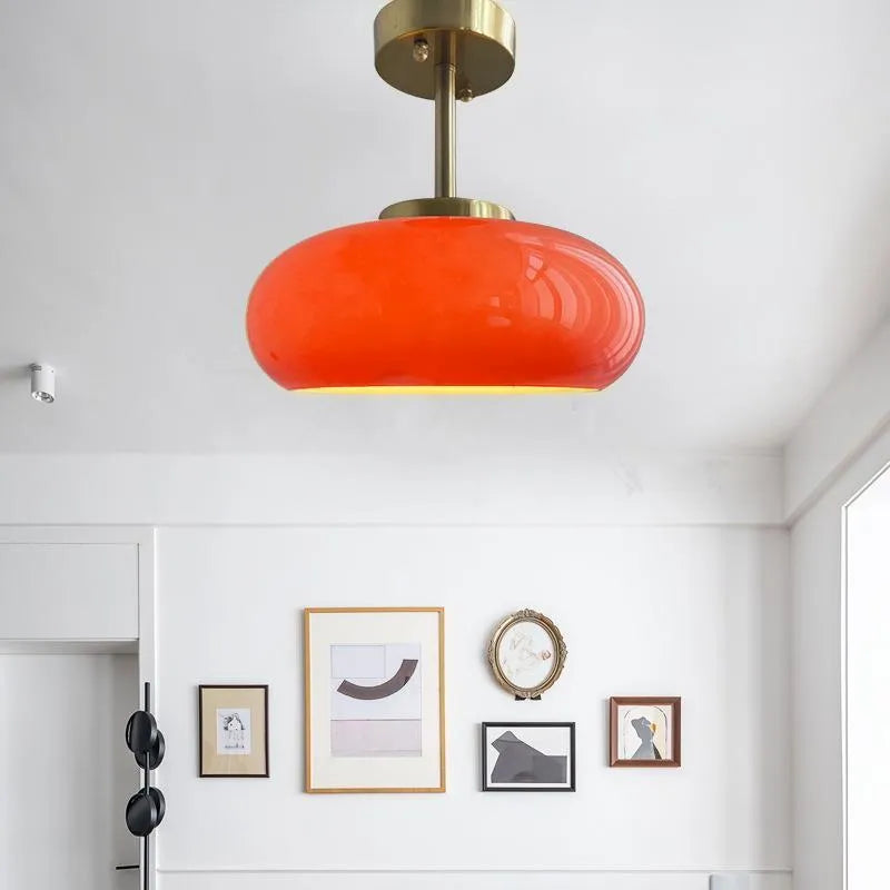 Bauhaus retro pendant light with three milk white glass egg tart shaped shades in cluster formation