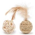 Two cat toys: rattan ball with bell and faux feather ball for interactive feline play