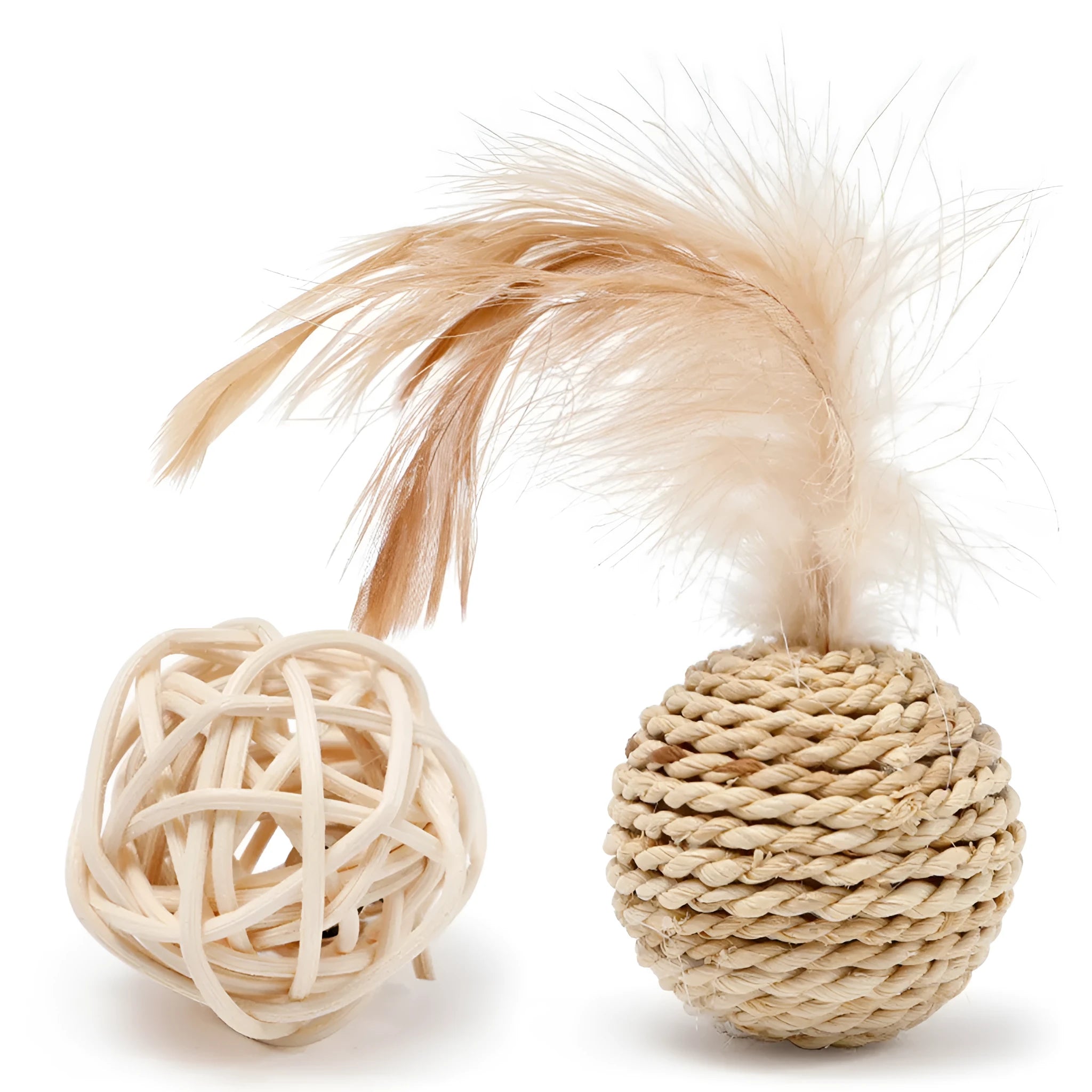 Two cat toys: rattan ball with bell and faux feather ball for interactive feline play