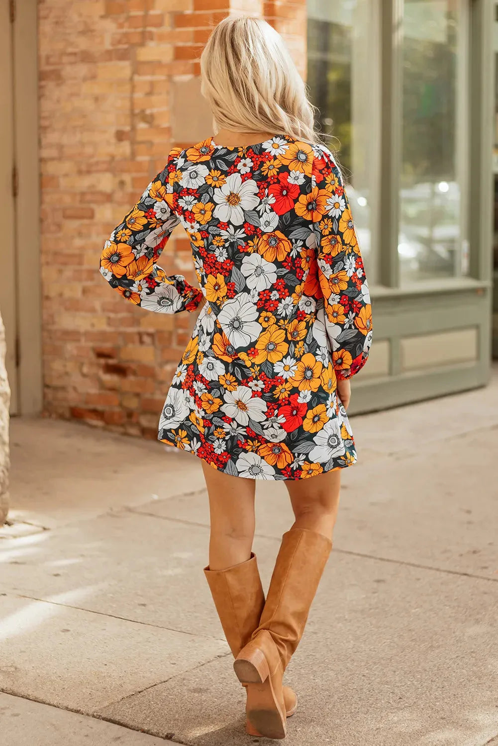 Orange floral striped V-neck mini dress with long lace sleeves