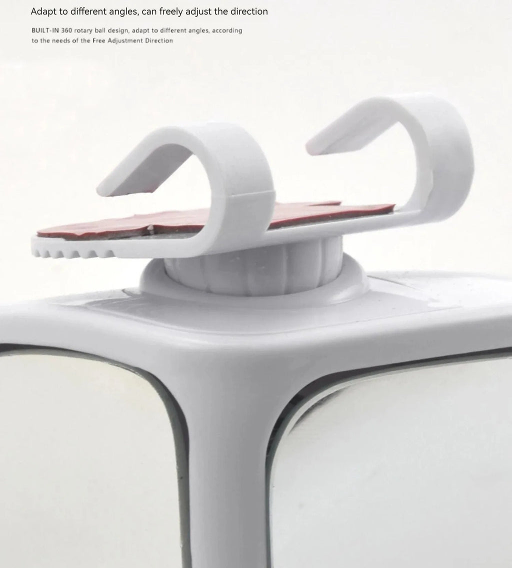 Black adjustable wide-angle car auxiliary mirror showing 360-degree rotation mechanism.