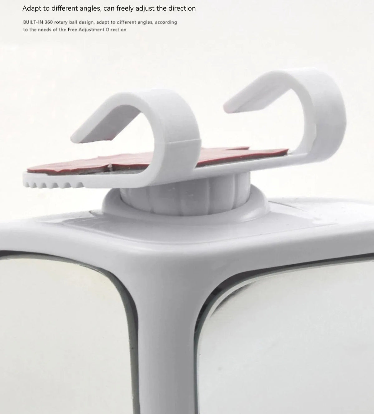 Black adjustable wide-angle car auxiliary mirror showing 360-degree rotation mechanism.