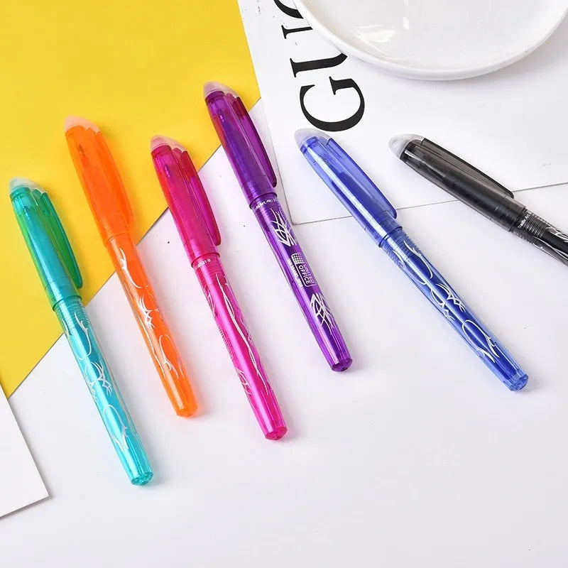 Heat-erasable gel pen with stainless steel nib in 0.5mm or 0.7mm sizes and water-based paint ink