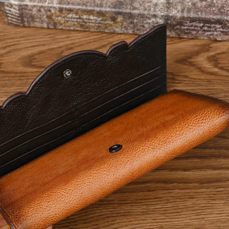 Chinese style embossed tri-fold wallet in retro brown with flower patterns