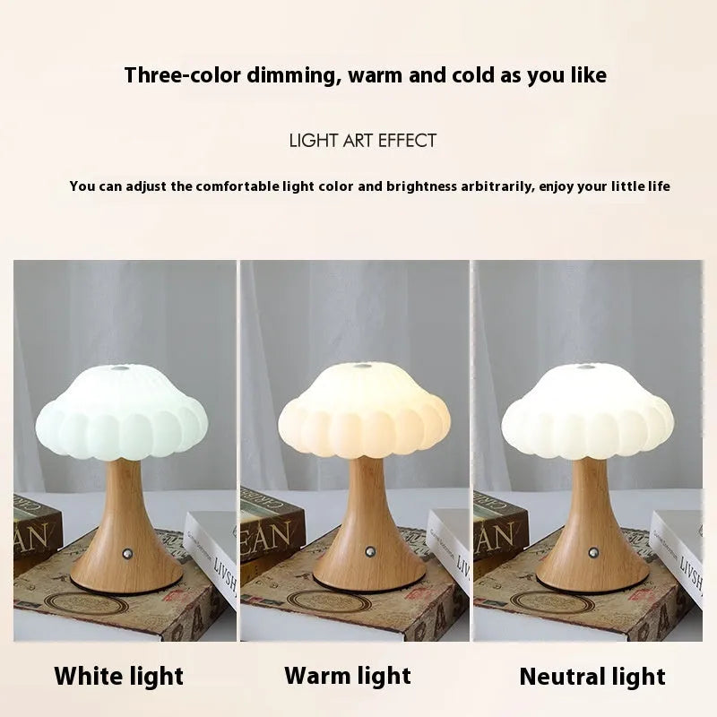 Mushroom-shaped touch control night lamp in wood grain colour on a table.