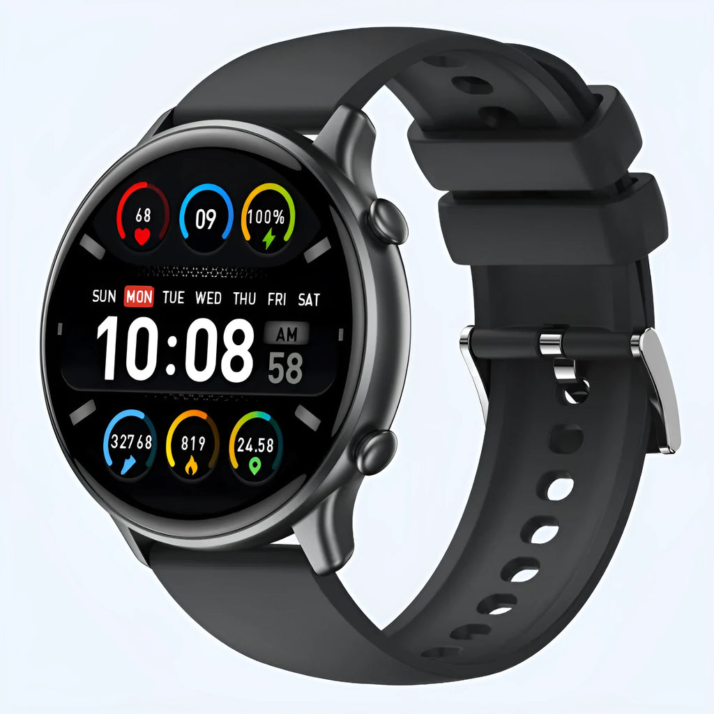 Round smart sports watch with silicone strap showing heart rate and sleep tracking on its touch screen.