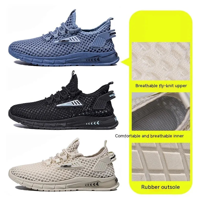 Men's beige mesh and synthetic leather sneakers with white EVA sole and lace-up front.