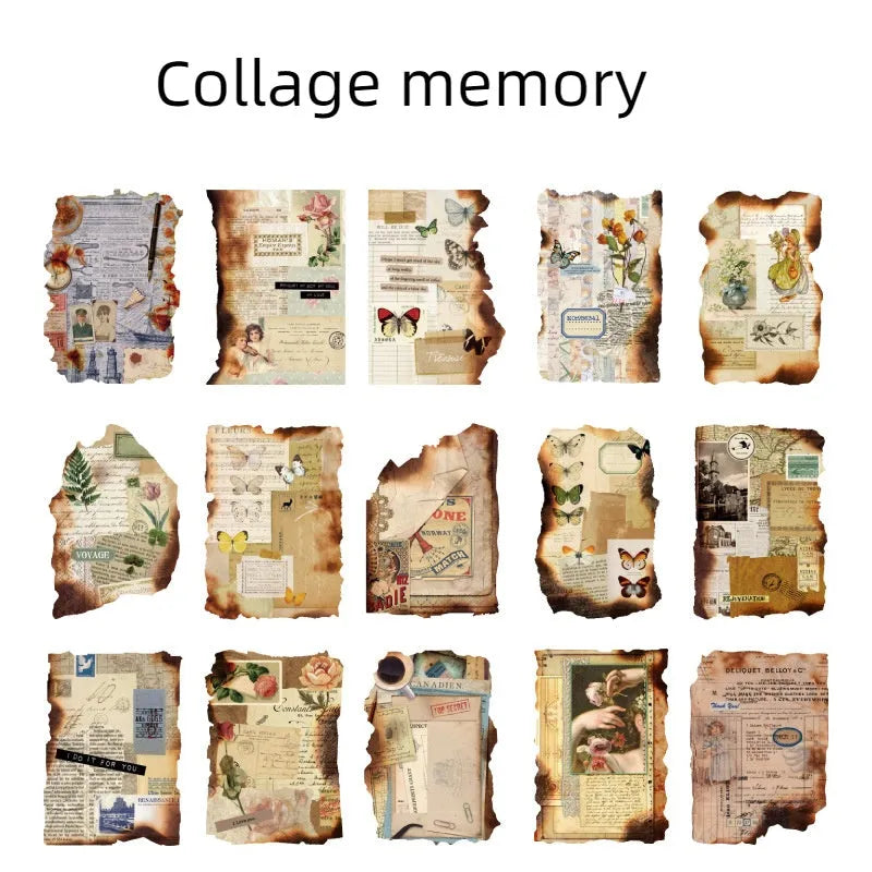 Burnt fragments series paper ephemera pack showing irregular, distressed pieces in vintage collage designs.