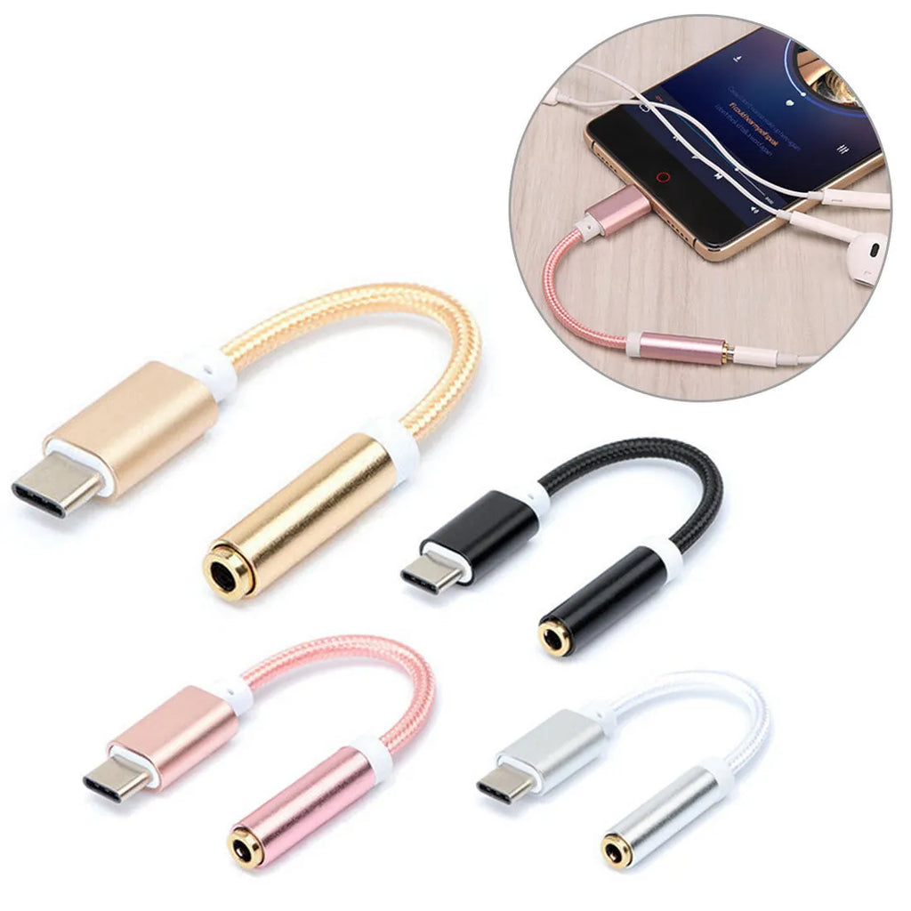 Weaving TYPE-C to 3.5mm audio adapter cable with nylon braided construction in metallic colours