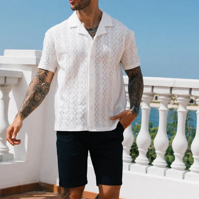 Men's hollow shirt slim fit dotted pattern woven polyester top in white or black