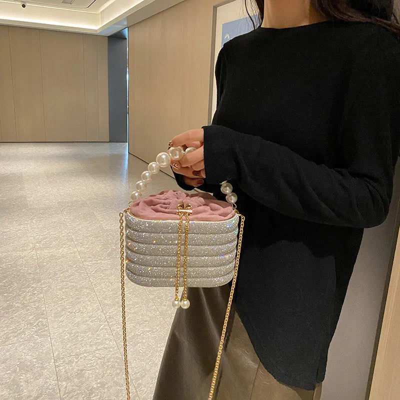 Round retro women's crossbody bag with beaded decoration in soft PU leather