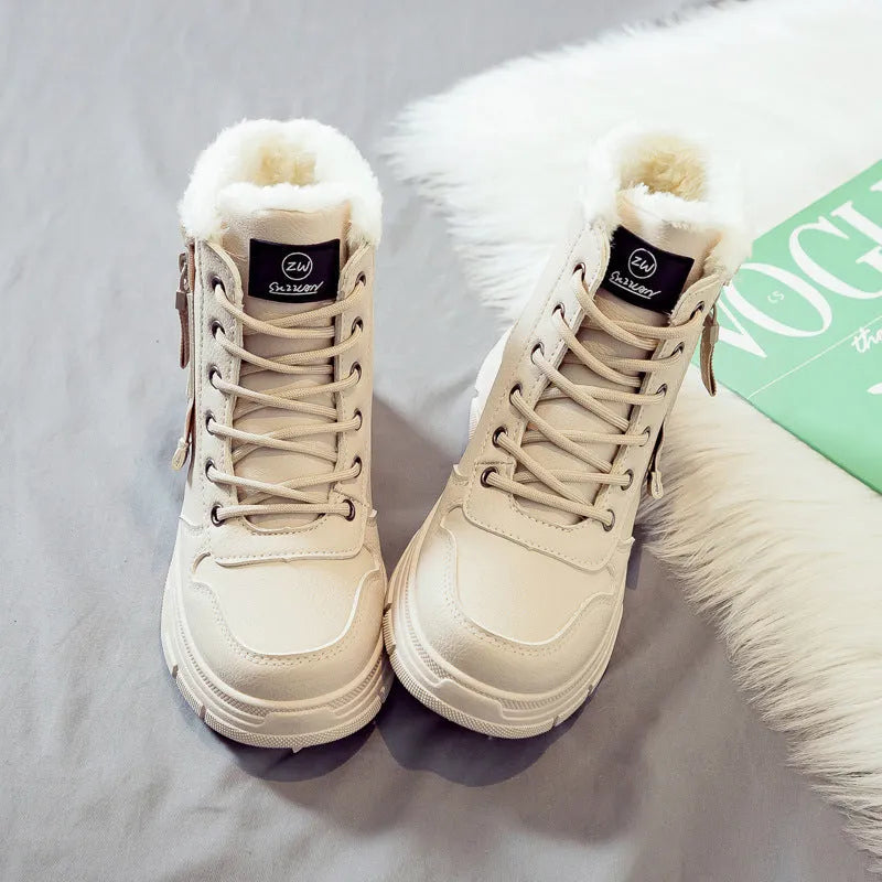 Women's plus size knee-high snow boots with lace-up front in black, khaki, or white with contrasting lining.