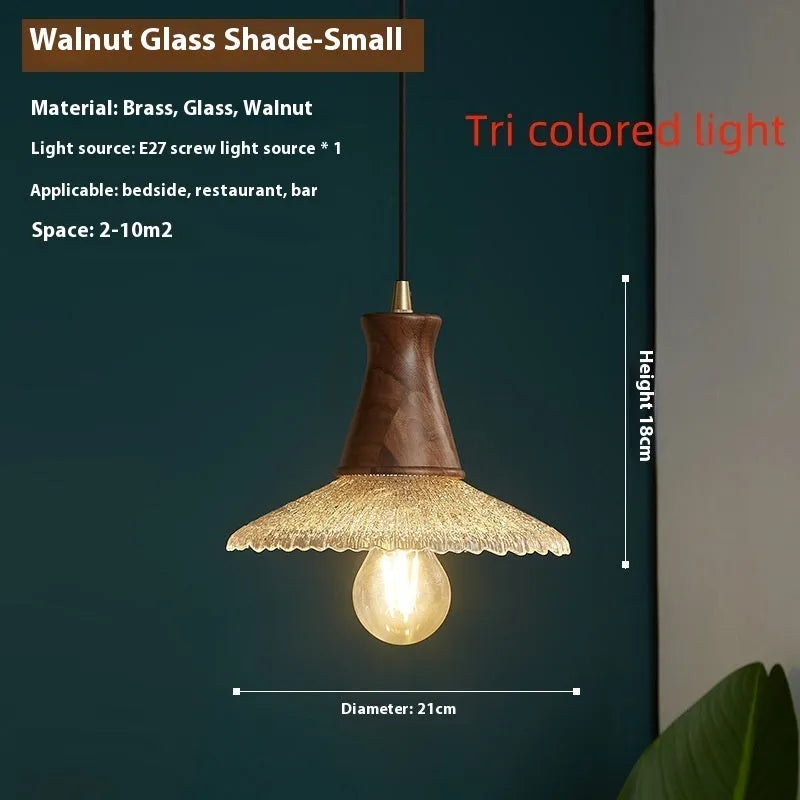 Woodcraft brass and glass ceiling chandelier for restaurant lighting in three available sizes.