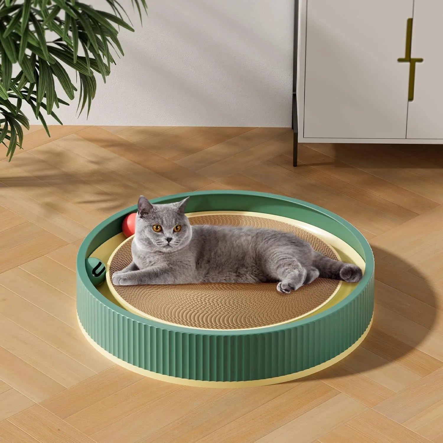 Large green circular cardboard cat scratching board with built-in track balls and a spring plush ball toy.