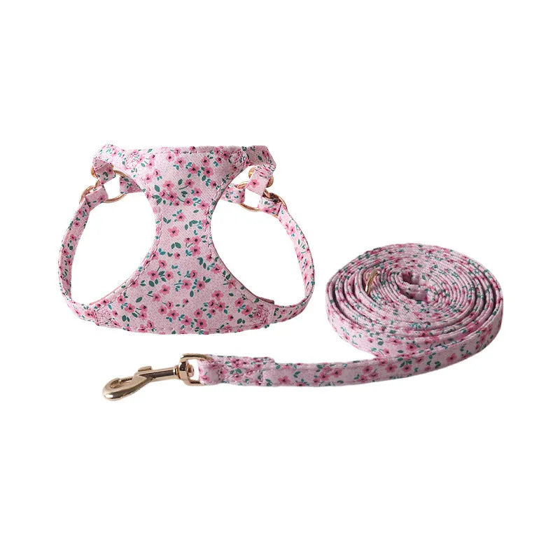 Floral cloth pet harness and leash set for small dogs in multiple colour options