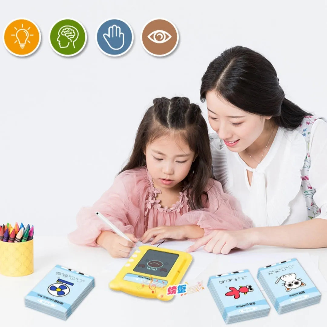 Yellow bilingual early education learning machine with educational cards for childhood development