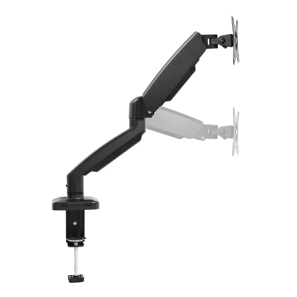Black rotating telescopic LCD screen bracket showing height adjustment and rotation functions