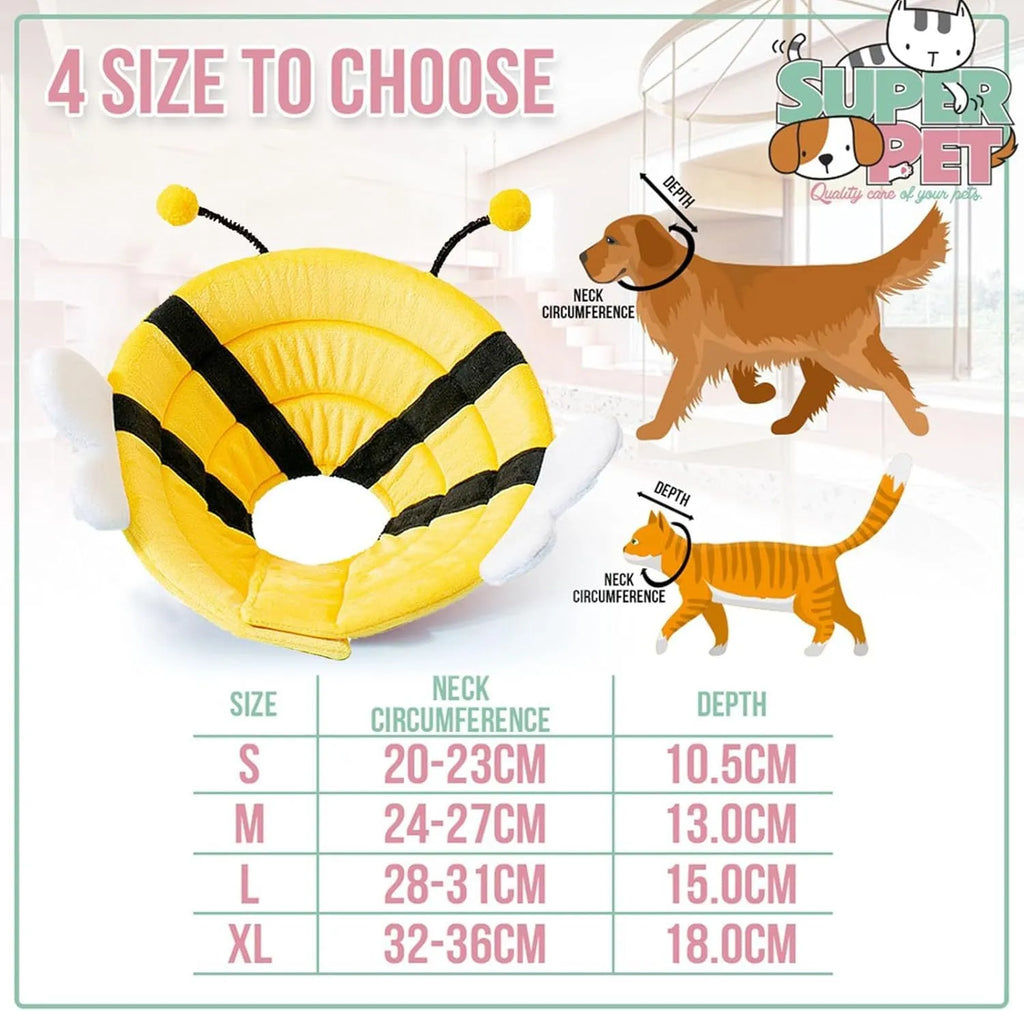 Soft cat recovery cone collar with bee design and velcro strap.