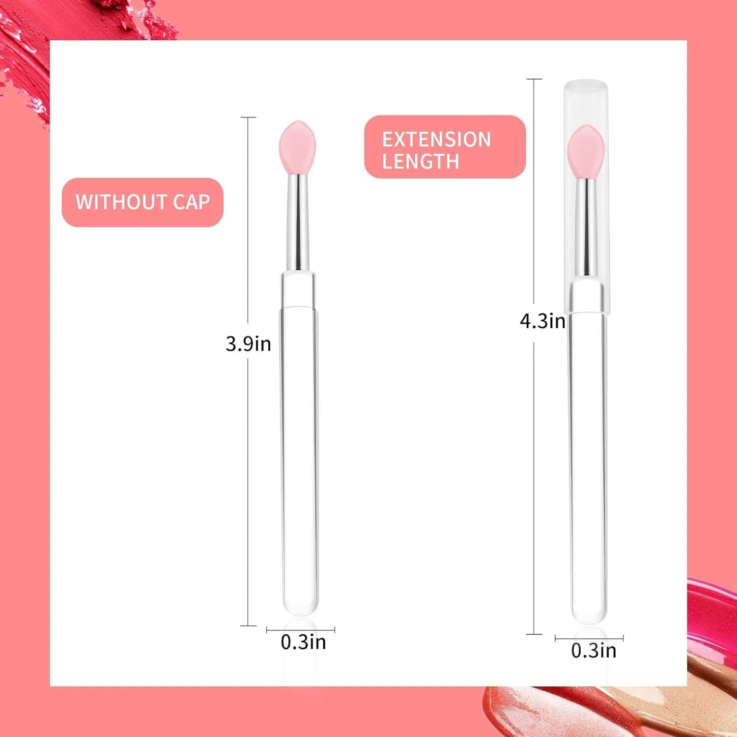 Set of four silicone lip brushes with protective caps in various colours for makeup application