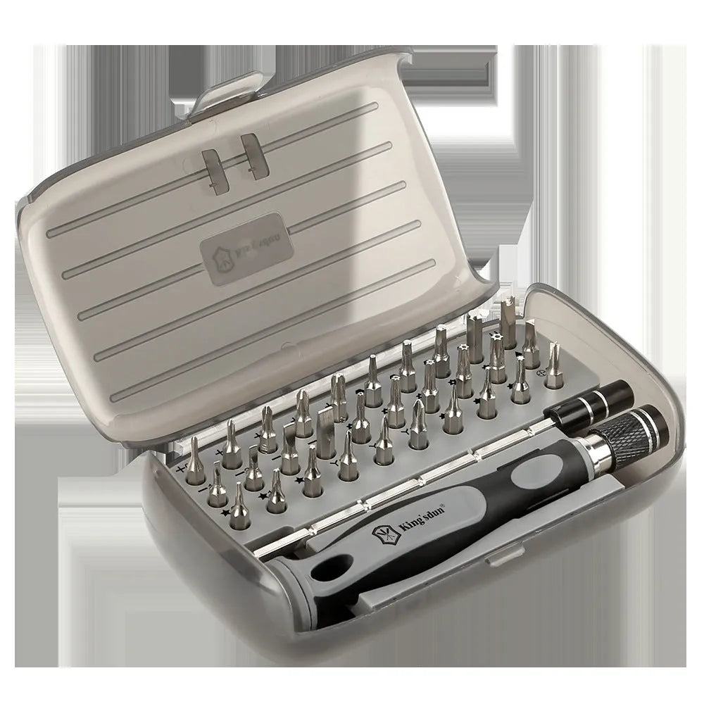 32-in-1 screwdriver repair tool set with bits organised in compact storage case