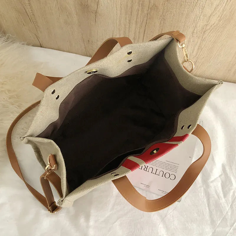 Canvas tote bag women's horizontal square zip top handbag 33cm wide with geometric stripe pattern