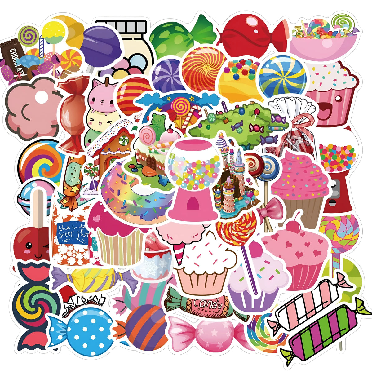 50 colourful candy graffiti stickers with cartoon patterns measuring 4-6cm