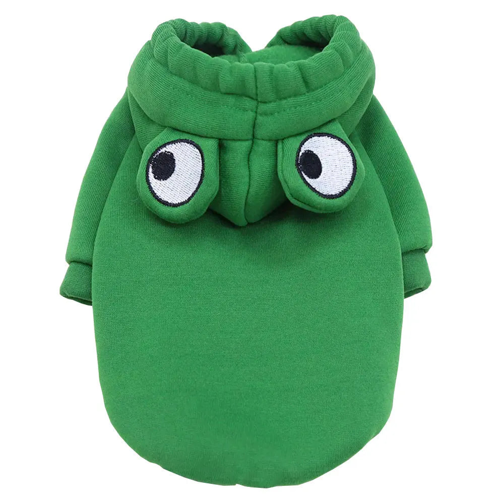 Green frog costume hoodie on a small dog, showing the hood and zip front.
