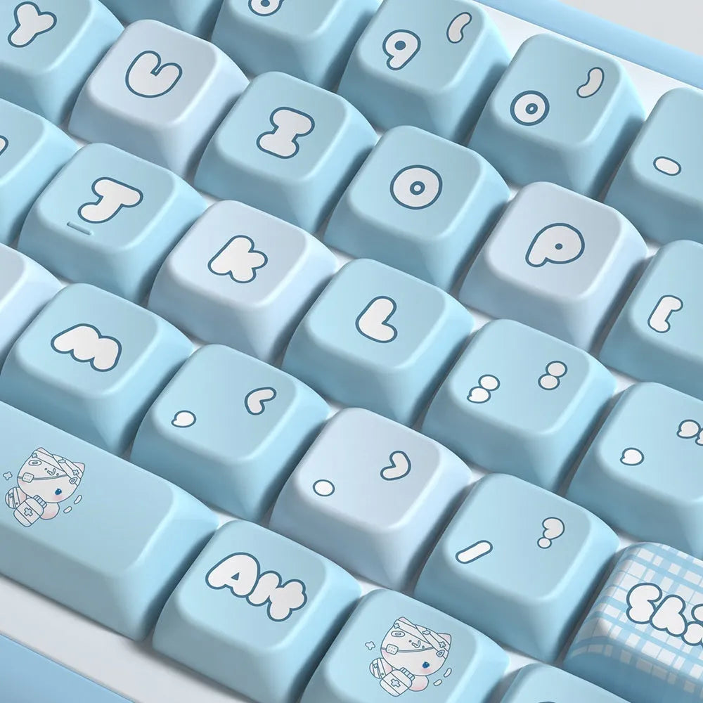 Custom watercolour cat design PBT keycap set for mechanical keyboards, showing 138 or 158 keys in a box.